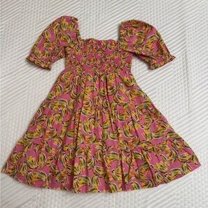 Crown & Ivy Kids Smocked Puff Sleeve Dress - Pink Banana Print - Size 4